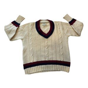 Vintage Ladybug Wool Cricket Sweater V-Neck Cable Knit S/M Cream Preppy